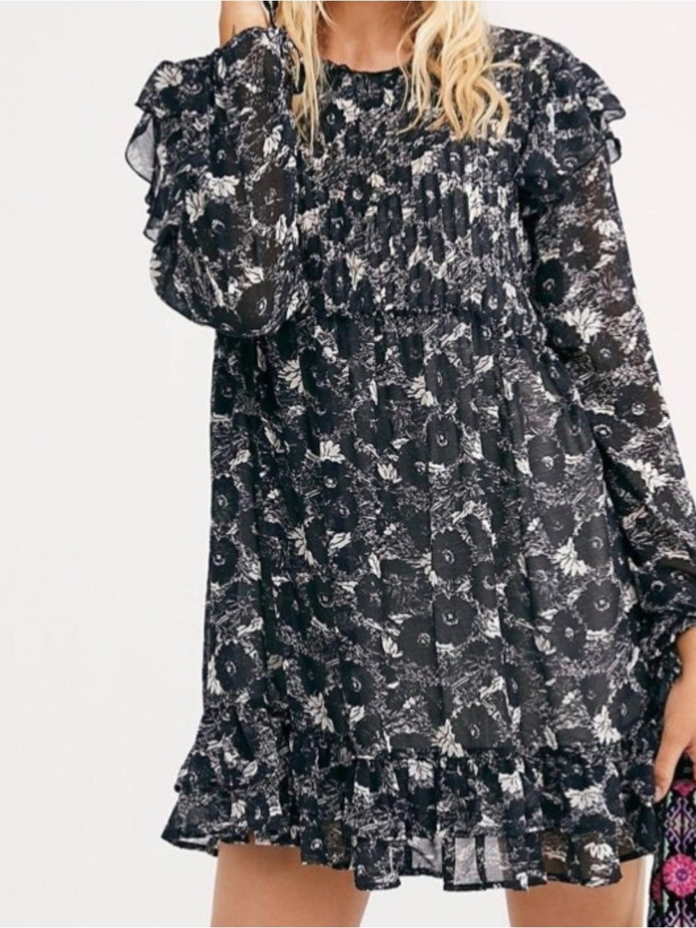NWT Free People Black and White sheer babydoll long sleeve Floral DRESS